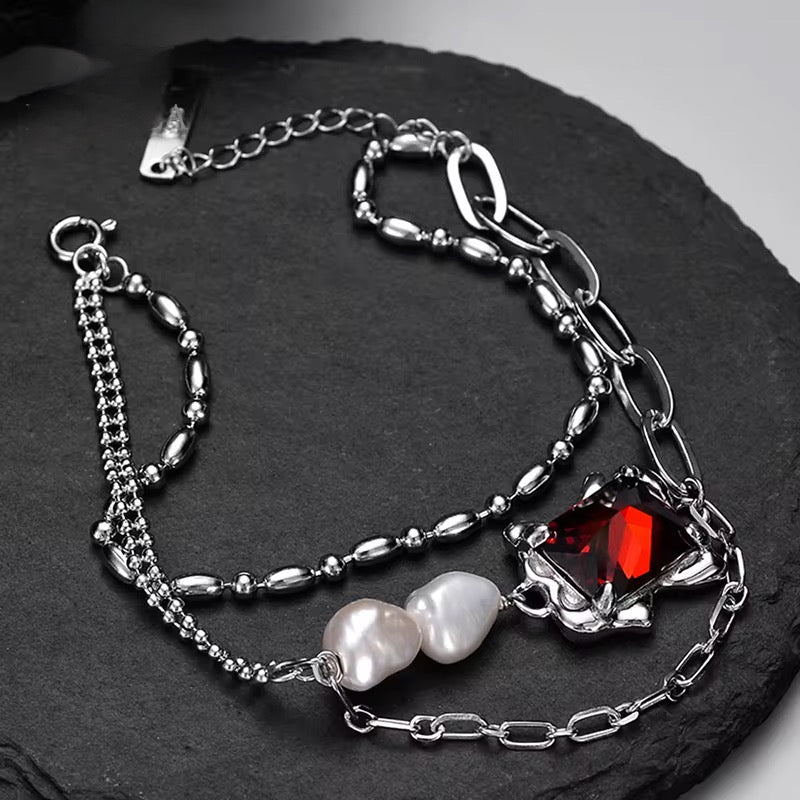 BUY 1 GET 1 FREE ! S925 Silver Pearl & Laminated Ruby Bracelet B00084