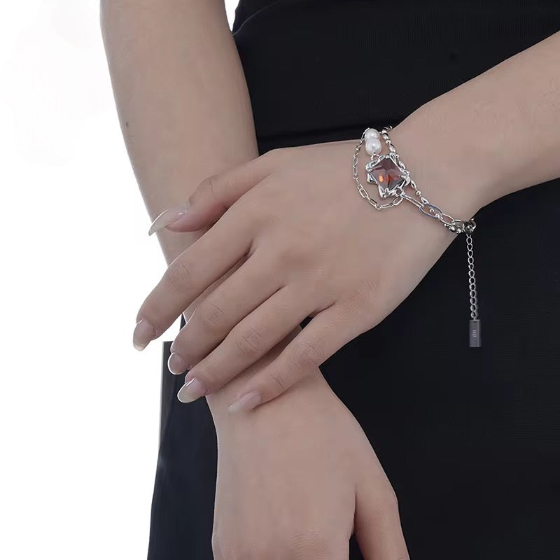 BUY 1 GET 1 FREE ! S925 Silver Pearl & Laminated Ruby Bracelet B00084