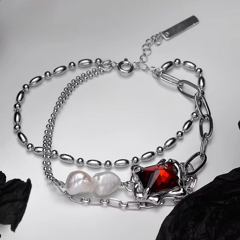 BUY 1 GET 1 FREE ! S925 Silver Pearl & Laminated Ruby Bracelet B00084